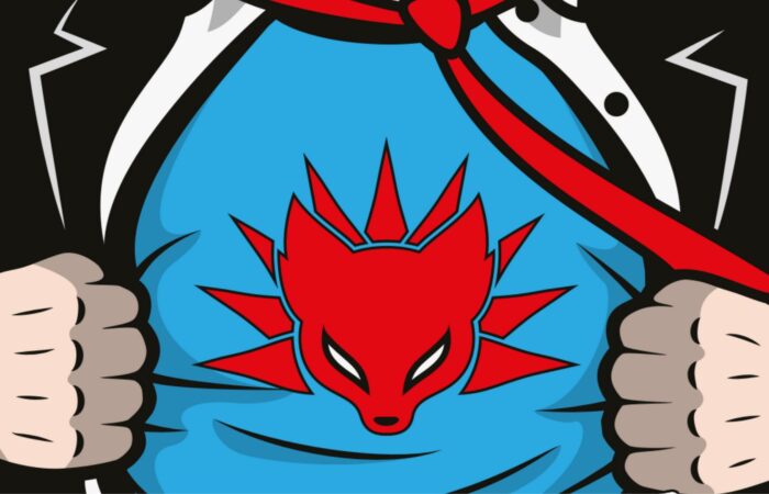 Comic book-style poster for Super-Bogger featuring the cartoon of a man ripping open his suit jacket to reveal a blue superhero costume emblazoned with the head of a red fox