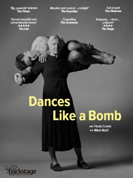 Monochromatic image of Mikel Murfi and Finola Cronin in performance in Dances Like A Bomb