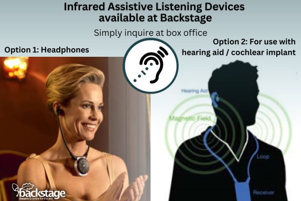 Assisted listening devices available. Option 1 Infrared headphones Option 2 Infrared receiver for use with hearing aids/implants