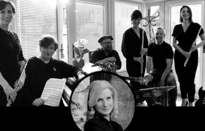 A monochromatic image of Ensemble 32 posing with a variety of musical instruments. Eleanor Shanley's face appears bottom centre in a circular frame.