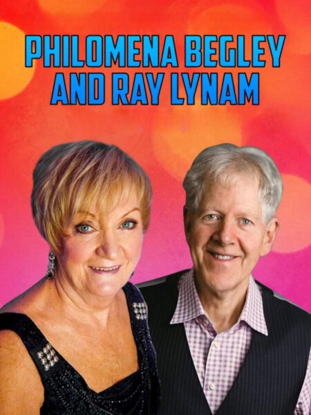 Philomena Begley & Ray Lynam against a pink and orange background