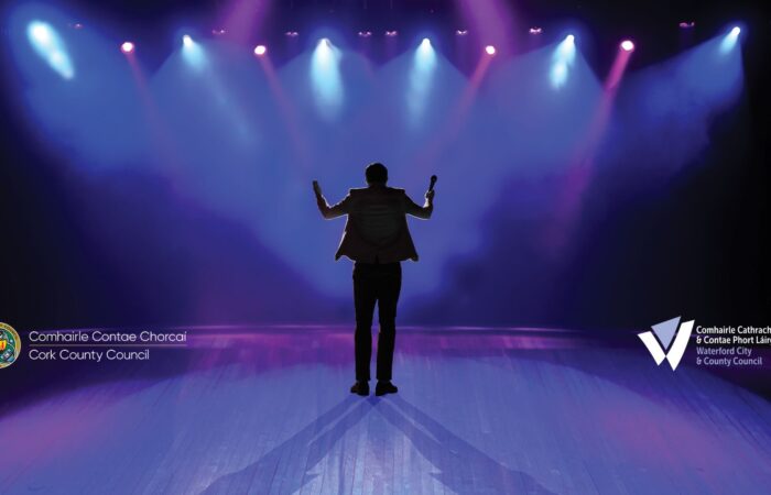 A silhouetted image of a man standing on a stage bathed in spotlights with his arms raised in Declan's Got Talent