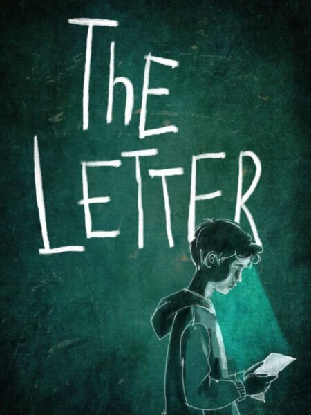 Monochromatic illustration in black and green tones of a young boy holding a piece of paper in The Letter