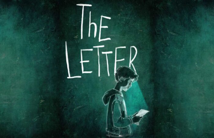 Monochromatic illustration in black and green tones of a young boy holding a piece of paper in The Letter