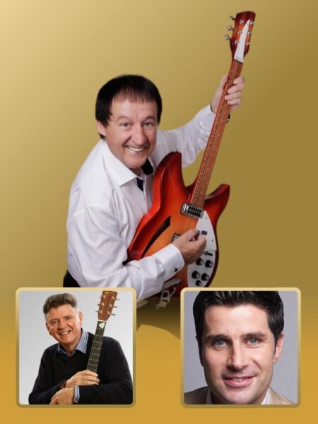 Declan Nerney posing with a guitar against a gold background, overlayed with head shots of John Hogan and John McNicholl