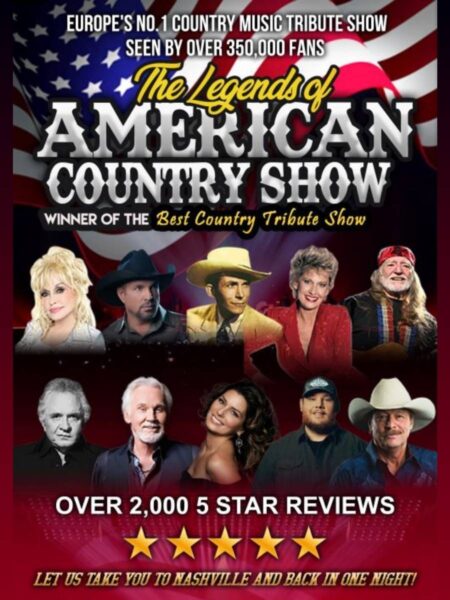 The words The Legends of American Country Show in a western-style font bordered on each side by the faces of a number of county music stars