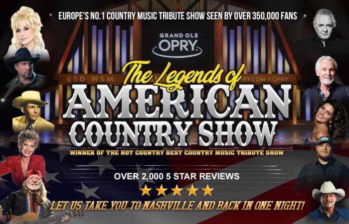 The words The Legends of American Country Show in a western-style font bordered on each side by the faces of a number of county music stars