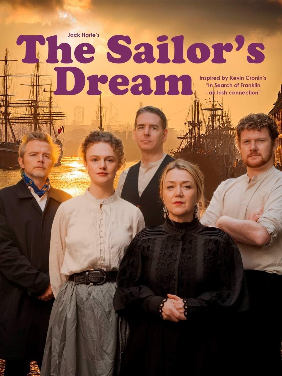 Five people in period clothing stand solemnly in front of a sunset-lit harbor with ships. The text reads "The Sailor's Dream." The mood is dramatic and historical.