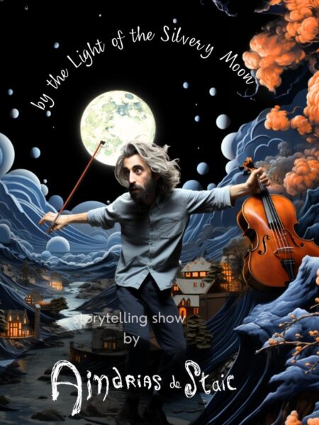 A digitally-rendered drawing of a man holding a violin in a serene night scene illuminated by the soft glow of a silver moon casting gentle light on the landscape below.