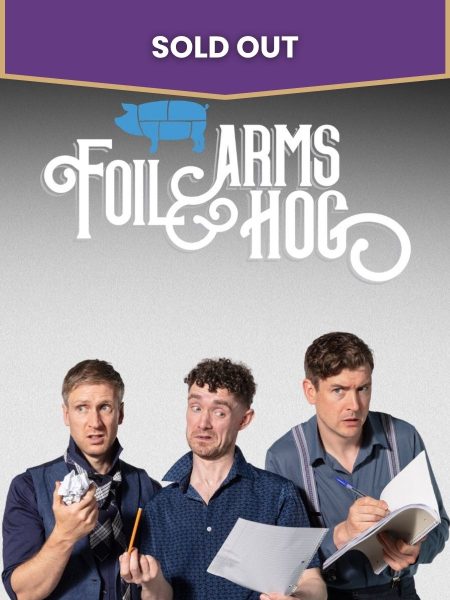 The three members of Foil Arms and Hog stand against a light grey background with exaggerated, puzzled expressions while holding notepads, paper, and pencils, suggesting a comedy writing session. The show's stylized white logo appears above them with a blue pig icon. The words "sold out" appear on top.