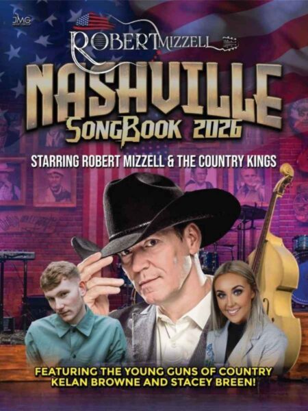 Poster for "Nashville Songbook 2024" featuring Robert Mizzell in a cowboy hat alongside a smiling woman and a young man. Musical instruments and an American flag create a country theme.