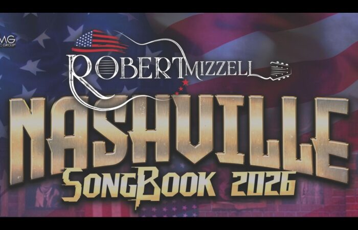 Poster for "Nashville Songbook 2026" featuring a guitar with an American flag motif and bold, metallic lettering. Background shows a faded American flag.