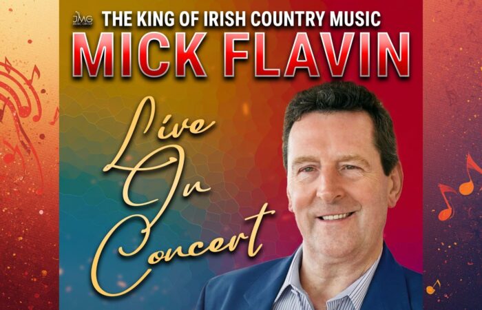 A concert poster featuring a man smiling against a red and blue background with musical notes. Text reads "The King of Irish Country Music, Mick Flavin, Live in Concert."