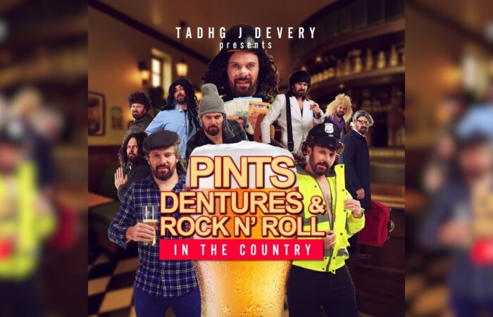 "Pints, Dentures & Rock n' Roll In The Country" by Tadhg J Devery, featuring various people in costumes, including a large beer glass in the foreground, set inside a lively pub atmosphere.