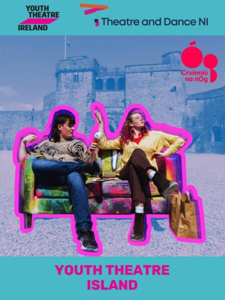 Two people sit on a colorful couch outdoors, surrounded by a pink outline, with a medieval castle in the background. Text reads "Youth Theatre Island."