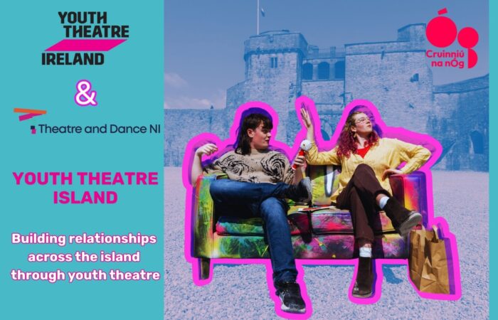 Two people sit on a colorful couch outdoors, surrounded by a pink outline, with a medieval castle in the background. Text reads "Youth Theatre Island."
