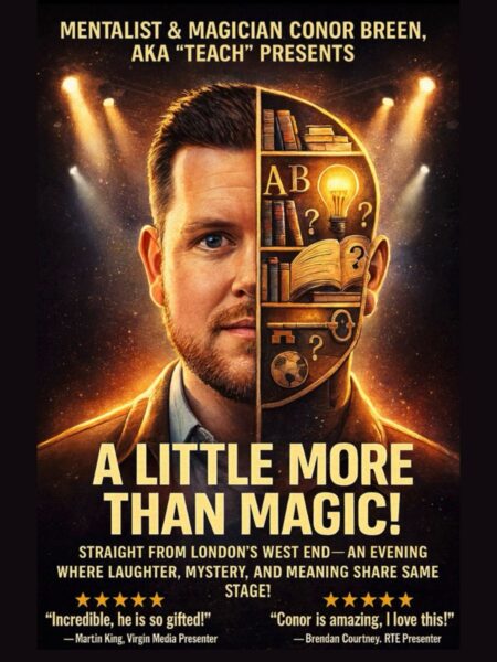A Little More Than Magic featuring mentalist and magician Teach (Conor Breen). The image shows a split portrait: one half of his face and one half illustrated as a cross-section of a mind filled with books, letters, question marks, a glowing lightbulb, an open book, and a key. Warm stage spotlights shine from above against a dark theatrical background. Large text advertises the show as a blend of laughter, mystery, and meaning, with testimonial quotes displayed at the bottom.