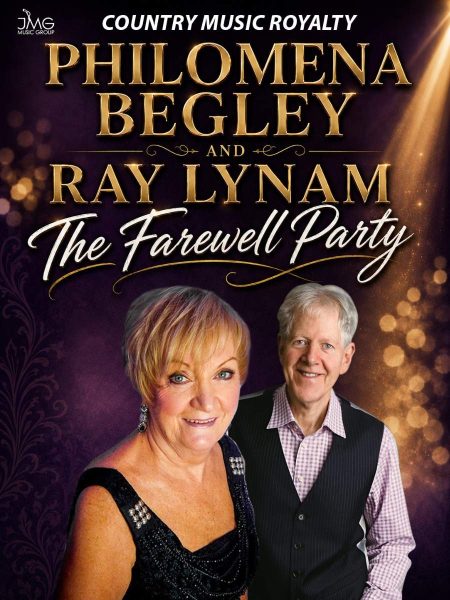 The Farewell Party featuring Philomena Begley and Ray Lynam. Philomena with short blonde hair in a black embellished dress is pictured in the foreground, with Ray in a light shirt and dark vest standing behind her. The background is dark purple with decorative patterns, golden bokeh lights, and a spotlight effect. A music group logo appears in the top-left corner.