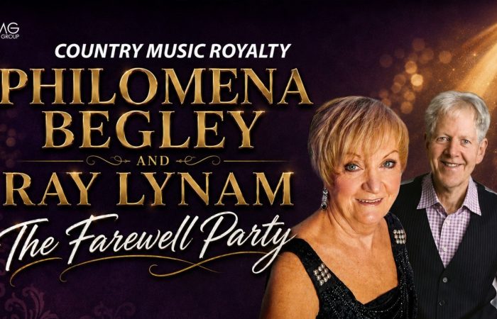The Farewell Party featuring Philomena Begley and Ray Lynam. Philomena with short blonde hair in a black embellished dress is pictured in the foreground, with Ray in a light shirt and dark vest standing behind her. The background is dark purple with decorative patterns, golden bokeh lights, and a spotlight effect. A music group logo appears in the top-left corner.