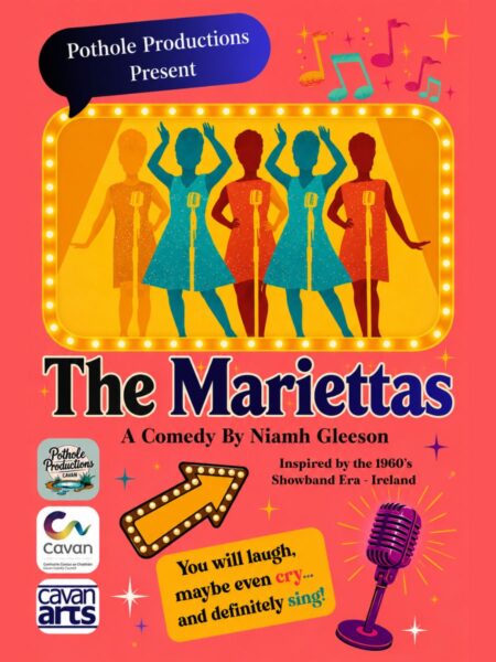 The Mariettas - Colourful retro-style illustration of a female vocal group performing on stage. Five silhouetted singers in bright dresses stand behind vintage microphones inside a glowing marquee frame, with spotlights, musical notes, and sparkling accents against a vibrant pink background. The image evokes the energy and glamour of a classic showband concert.