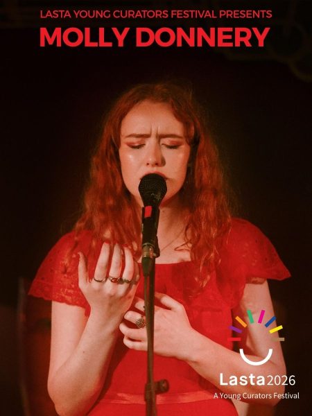 Lasta 2026 festival graphic featuring a portrait of singer Molly Donnery performing into a microphone in a red dress, alongside the Lasta 2026 Young Curators Festival logo.
