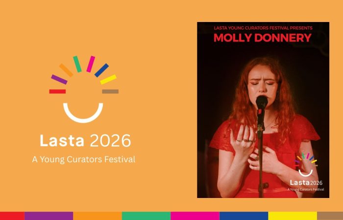 Lasta 2026 festival graphic featuring a portrait of singer Molly Donnery performing into a microphone in a red dress, alongside the Lasta 2026 Young Curators Festival logo on an orange background.