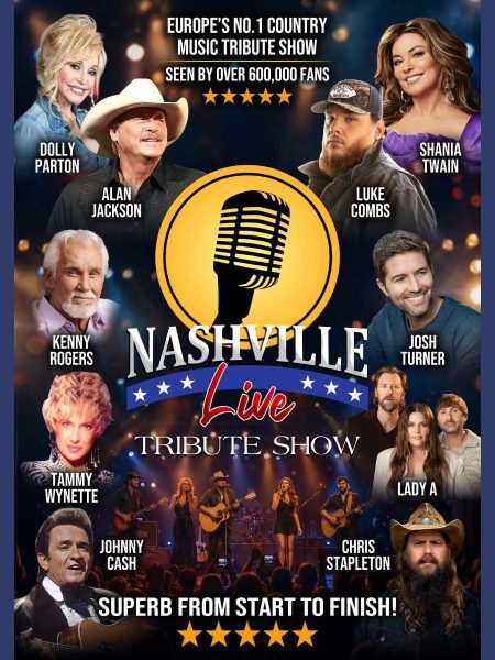 Nashville Live 2027 Tribute Show featuring a large gold microphone logo at the centre with the title "Nashville Live Tribute Show." Surrounding it are promotional images of country music artists represented in the show: Dolly Parton, Alan Jackson, Shania Twain, Luke Combs, Kenny Rogers, Josh Turner, Tammy Wynette, Johnny Cash, Lady A and Chris Stapleton. A live band performs on stage across the bottom of the poster. Text at the top reads: "Europe's No. 1 Country Music Tribute Show – Seen by Over 600,000 Fans," with five gold stars. At the bottom, the tagline reads: "Superb from Start to Finish!" followed by another five-star rating.