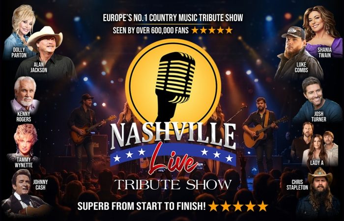 Nashville Live Tribute Show featuring a large gold microphone logo at the centre with the title "Nashville Live Tribute Show." Surrounding it are promotional images of country music artists represented in the show: Dolly Parton, Alan Jackson, Shania Twain, Luke Combs, Kenny Rogers, Josh Turner, Tammy Wynette, Johnny Cash, Lady A and Chris Stapleton. A live band performs on stage across the bottom of the poster. Text at the top reads: "Europe's No. 1 Country Music Tribute Show – Seen by Over 600,000 Fans," with five gold stars. At the bottom, the tagline reads: "Superb from Start to Finish!" followed by another five-star rating.