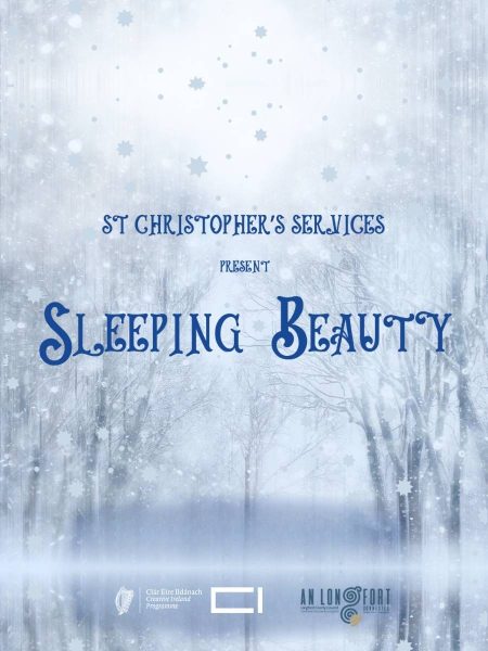 Sleeping Beauty presented by St. Christopher's Services, featuring the title in ornate blue lettering over a frosty winter woodland scene with falling snowflakes in soft blue and white tones. Logos for Creative Ireland, Longford County Council Arts Office and Longford Creative Ireland appear along the bottom.